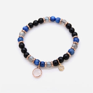Kyanite Moonstone Black Obsidian Beaded Bracelet w/ Birthstone Charm