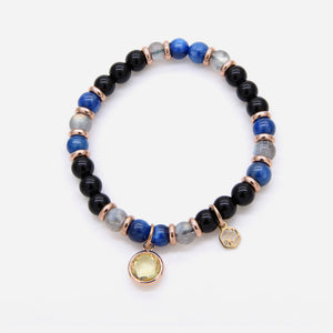 Kyanite Moonstone Black Obsidian Beaded Bracelet w/ Birthstone Charm