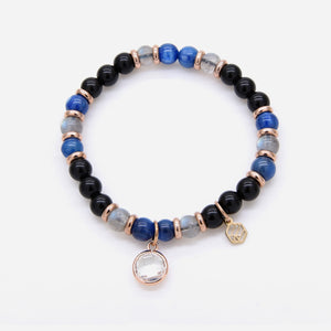 Kyanite Moonstone Black Obsidian Beaded Bracelet w/ Birthstone Charm