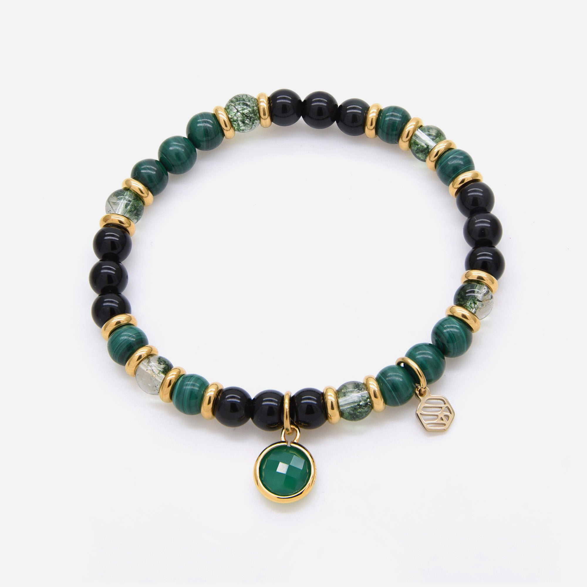 Malachite Green Phantom Black Obsidian Beaded Bracelet w/ Birthstone Charm