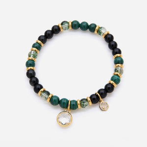 Malachite Green Phantom Black Obsidian Beaded Bracelet w/ Birthstone Charm