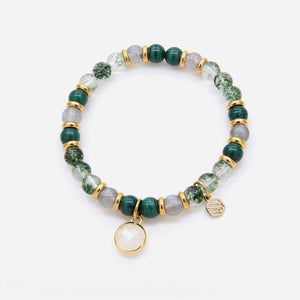 Malachite Moonstone Green Phantom Beaded Bracelet w/ Birthstone Charm