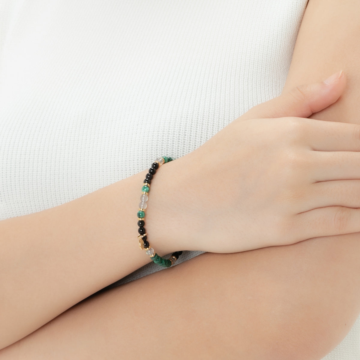 4mm Malachite Moonstone Black Obsidian Beaded Bracelet