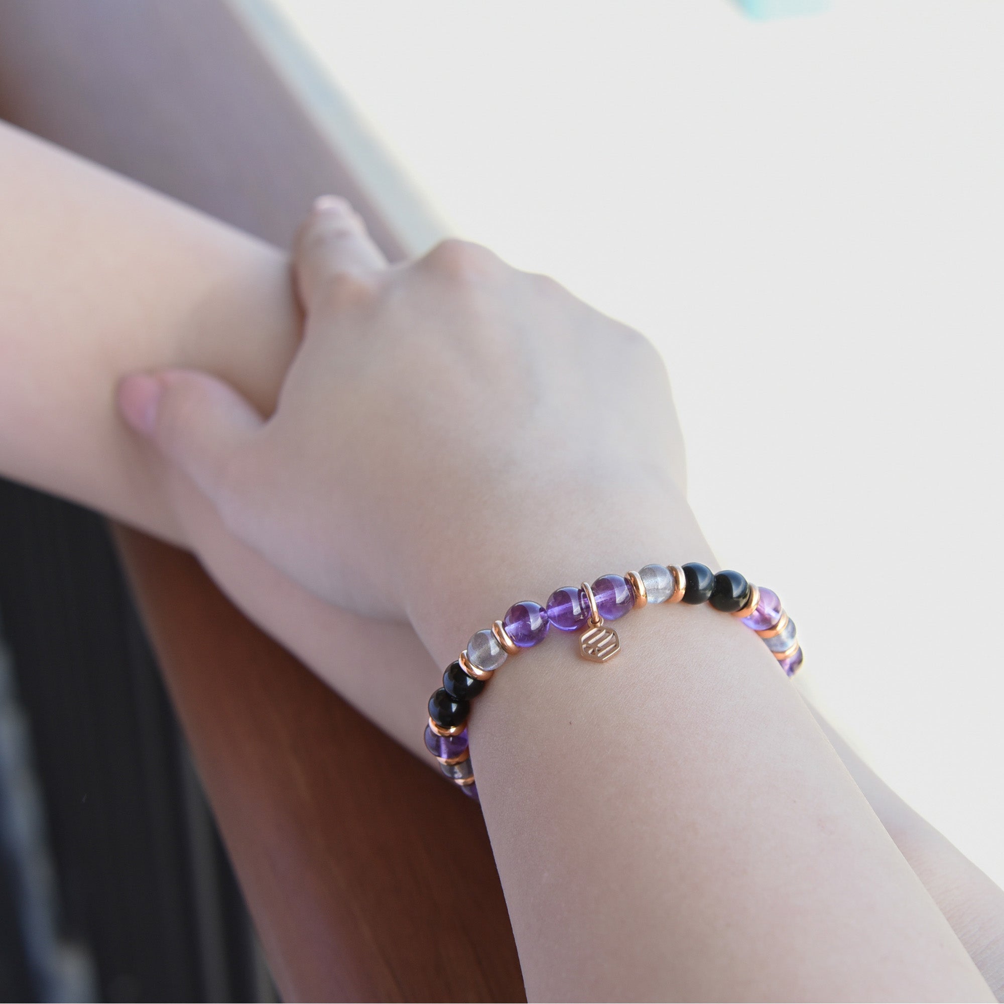 Amethyst Moonstone Black Obsidian Beaded Bracelet