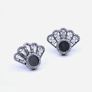 Oriental Fan Earring Studs in Black Jade