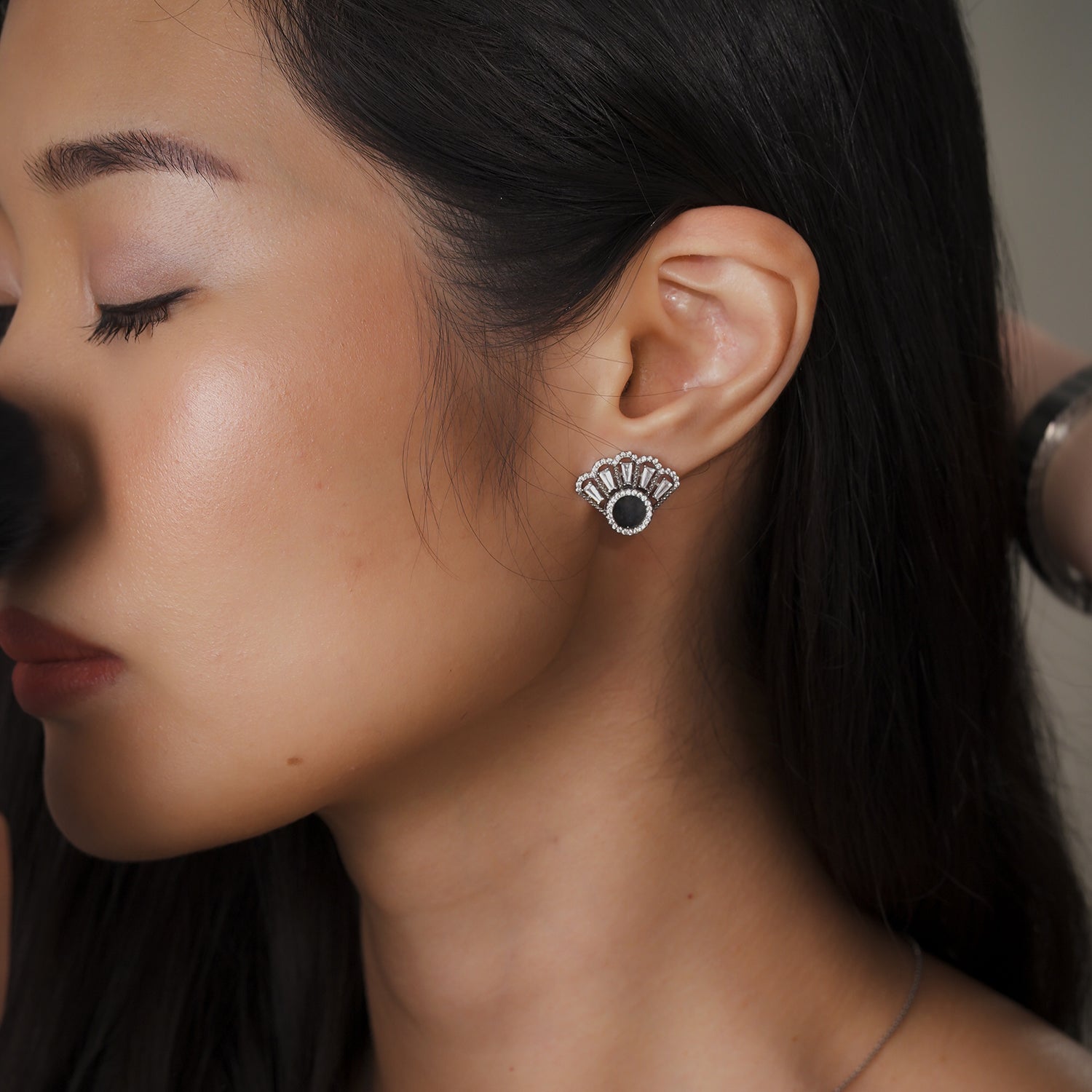 Oriental Fan Earring Studs in Black Jade