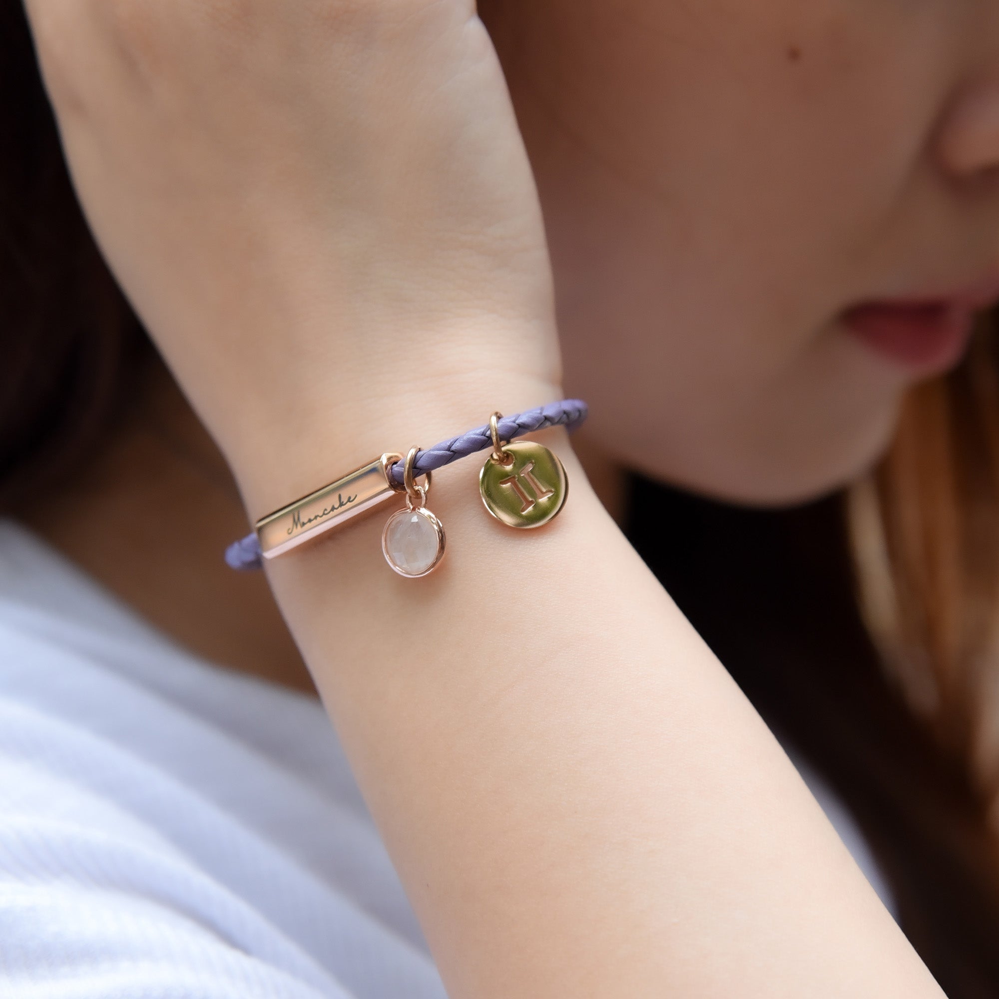 Birthstone Zodiac Lavender Leather Bracelet Rose Gold Finishing