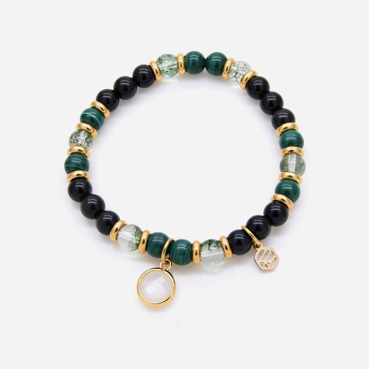 Malachite Green Phantom Black Obsidian Beaded Bracelet w/ Birthstone Charm