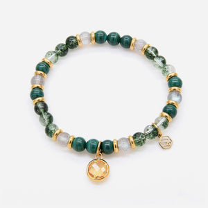 Malachite Moonstone Green Phantom Beaded Bracelet w/ Birthstone Charm