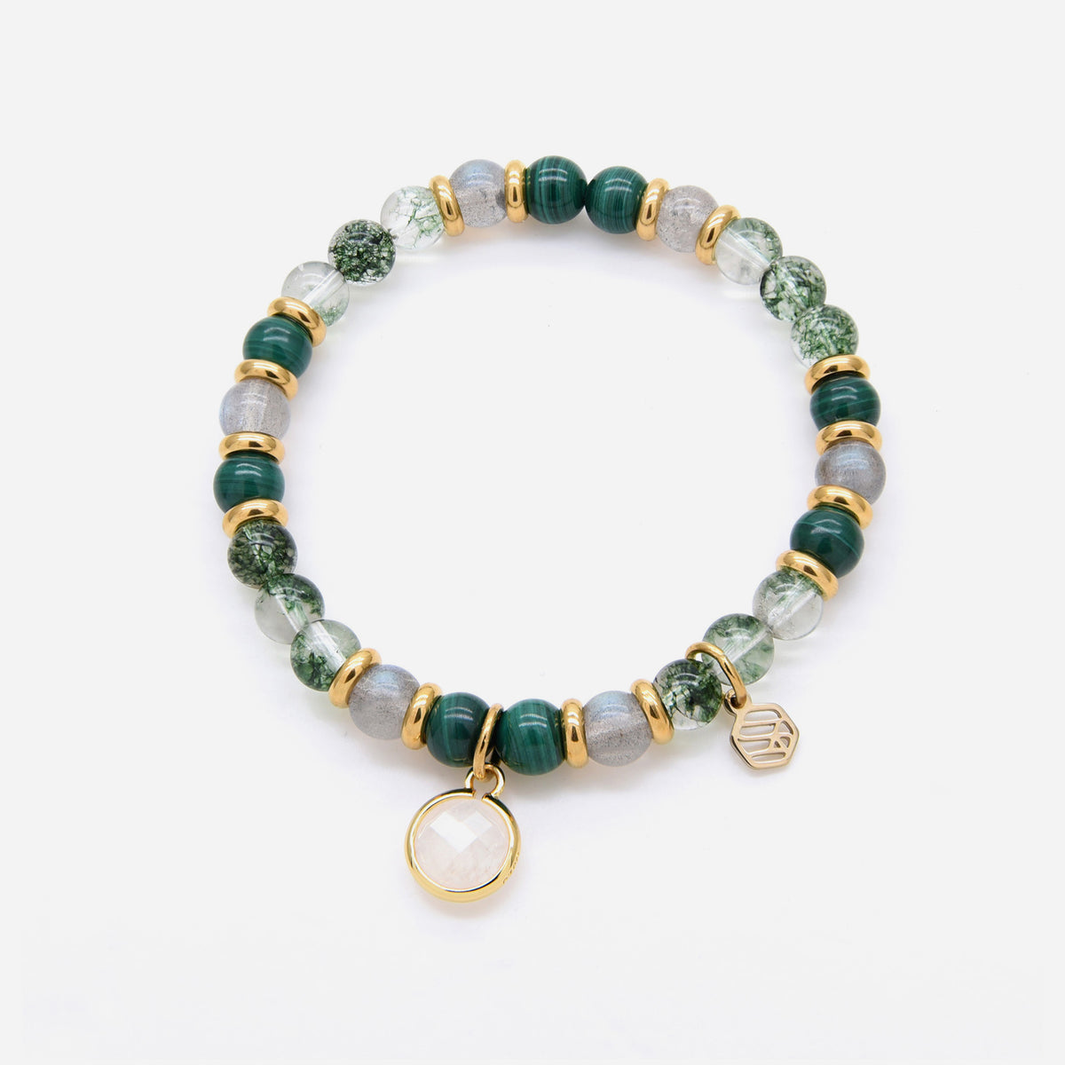 Malachite Moonstone Green Phantom Beaded Bracelet w/ Birthstone Charm