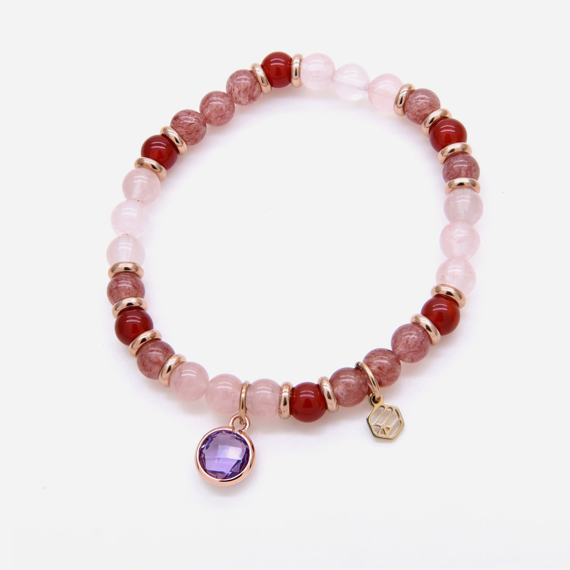 Rose Quartz Red Chalcedony Strawberry Quartz Beaded Bracelet w/ Birthstone Charm