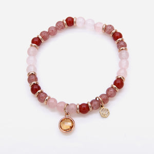 Rose Quartz Red Chalcedony Strawberry Quartz Beaded Bracelet w/ Birthstone Charm