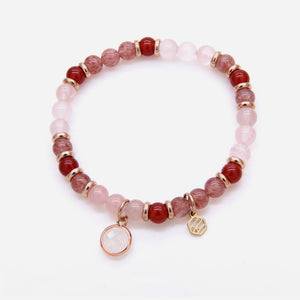 Rose Quartz Red Chalcedony Strawberry Quartz Beaded Bracelet w/ Birthstone Charm