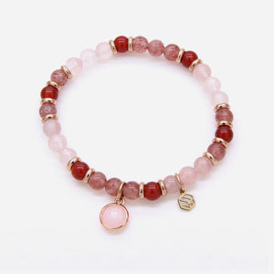 Rose Quartz Red Chalcedony Strawberry Quartz Beaded Bracelet w/ Birthstone Charm