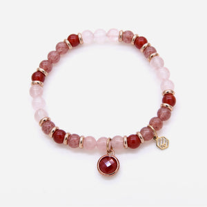 Rose Quartz Red Chalcedony Strawberry Quartz Beaded Bracelet w/ Birthstone Charm