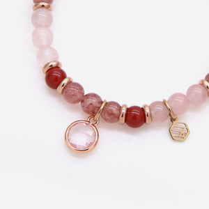 Rose Quartz Red Chalcedony Strawberry Quartz Beaded Bracelet w/ Birthstone Charm