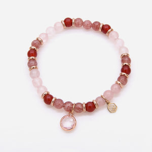 Rose Quartz Red Chalcedony Strawberry Quartz Beaded Bracelet w/ Birthstone Charm