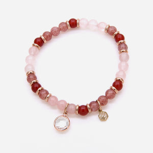 Rose Quartz Red Chalcedony Strawberry Quartz Beaded Bracelet w/ Birthstone Charm